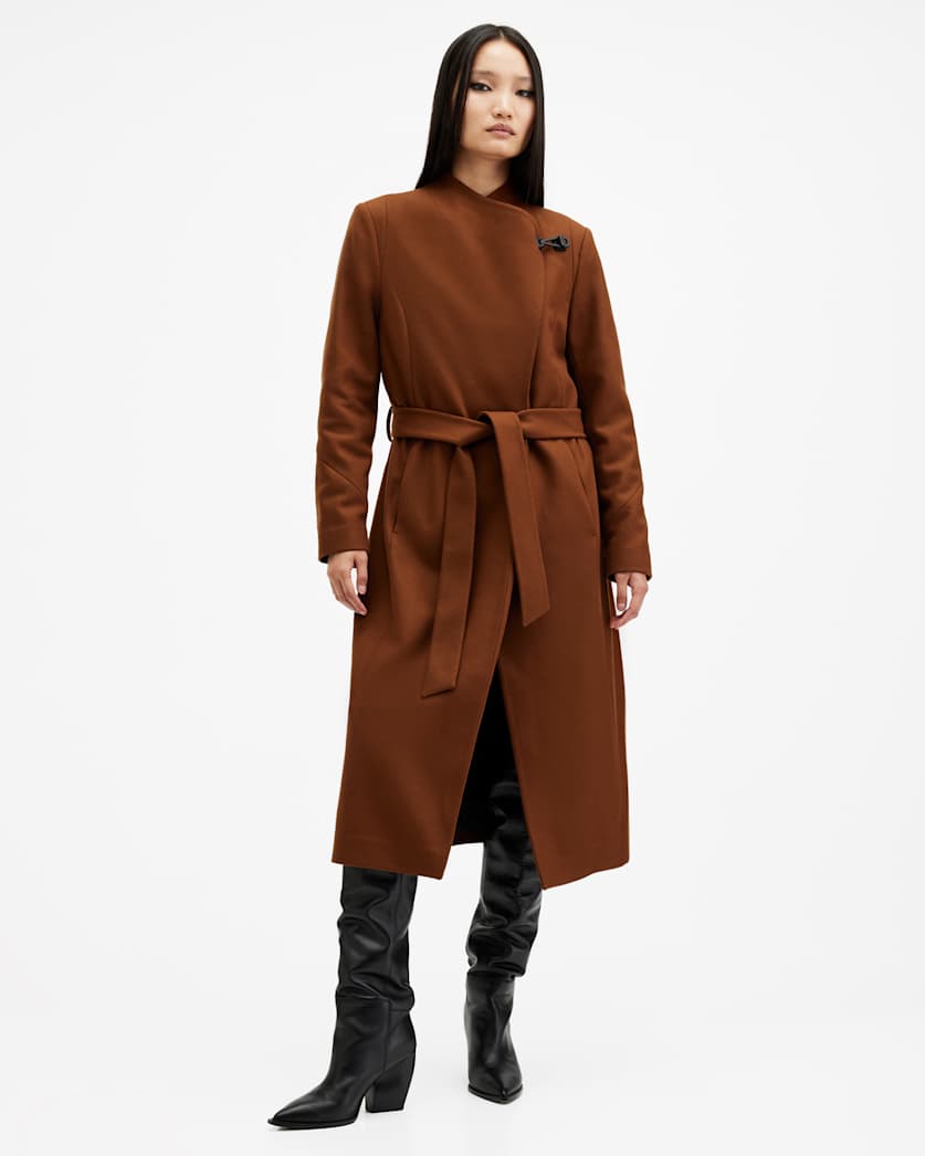 Riley Wrap Around Belted Long Line Coat SUGAR BROWN | ALLSAINTS